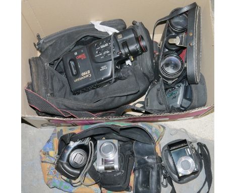 Mixed lot of cameras including Panasonic lumix x 2, Pentax zoom 105 super, Pentax ESPIO 135m, JVC digital video camera, Canov