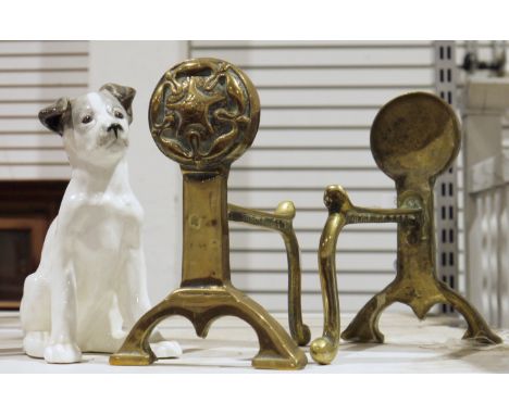 Pair of late 19th/early 20th century brass andirons with Tudor rose motifs to finials, 20cm high, a USSR Kona Kova porcelain 