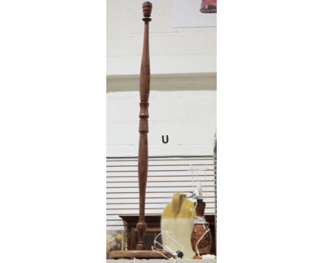 Contemporary wooden standard lamp, carved with oriental scenes on a turned base and a brown ceramic table lamp&nbsp;with blac