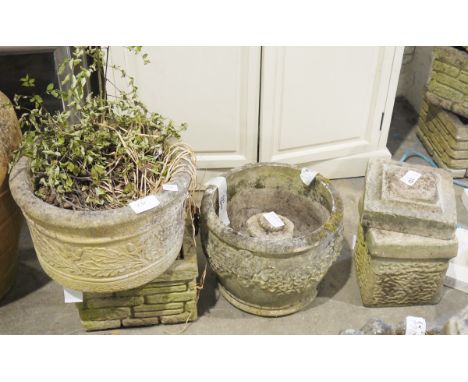 Large circular stone garden planter, 27cm high, a square reconstituted stone garden planter,&nbsp;another stone planter, two 
