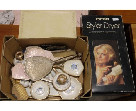 Vintage Pifco Styler dryer in original box with accessories, 1950's dressing table sets&nbsp;of mirror, brushes, pin trays, c