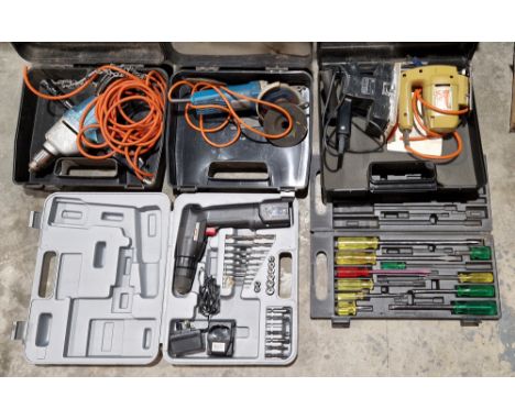 Assorted power tools&nbsp;including vintage Black &amp; Decker drill, angle grinder, sander, another battery drill and a case
