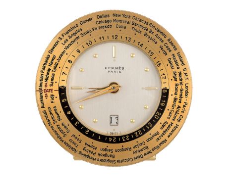 71 SVEGLIA DA TAVOLO HERMES Paris, n° 1005. Anello esterno rotante con indicate tutte le capitali del mondo. Fornito di scato
