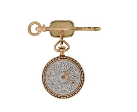 353 SPILLA IN SMALTO CON OROLOGIO in oro giallo a chiavetta d’orologio in smalto da cui pende monachina en pendant Gr 21,10 l
