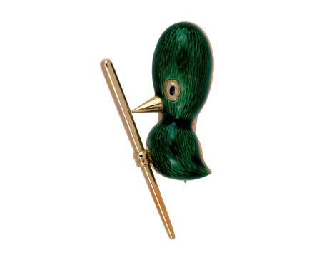 356 SPILLA IN SMALTO raffigurante un uccellino sul ramo in oro giallo e smalto verde. Gr 8,70 ENAMEL BROOCH in yellow gold re