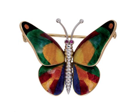 357 SPILLA IN SMALTO raffigurante una farfalla in oro bicolore e smalto policromo. Gr 16,70 ENAMEL BROOCH in yellow gold repr