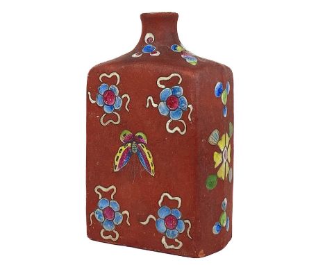 A Chinese Yixing pottery flask, circa 1900. With painted enamel decoration of butterflies and flowers, height 11cm, width 6.5