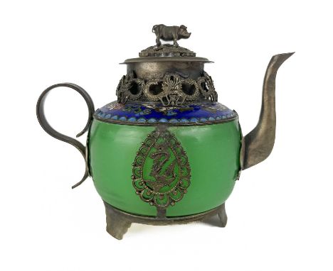 A Chinese white metal and jade teapot, circa 1900.  The cover surmounted by a pig, above a circular cloisonne panel and jade 