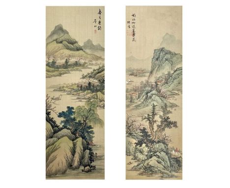 A pair of Chinese paintings on silk, early 20th century.  Depicting a river scene, each with calligraphy and red seal, frame 