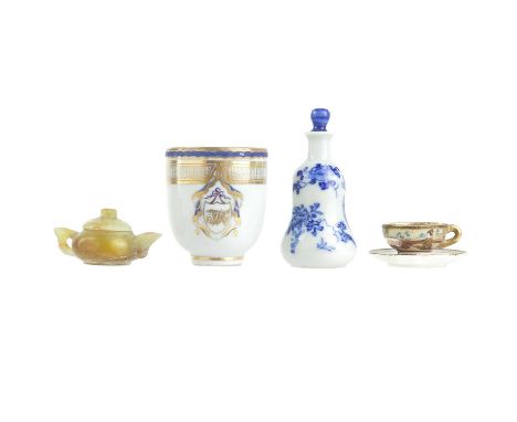 A Chinese export porcelain cup, Qianlong period. Height 6.5cm, diameter 6cm, a Japanese miniature satsuma cup and saucer, hei