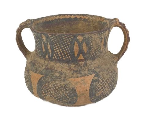 A Chinese pottery twin-handled pot, Neolithic period (c.6500-1700 BC) The globular black painted body painted with circular t