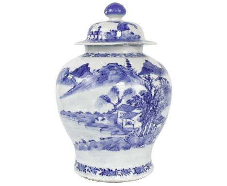 A Chinese blue and white porcelain vase and cover, late 19th century. Decorated with a river scene, four character Kangxi mar