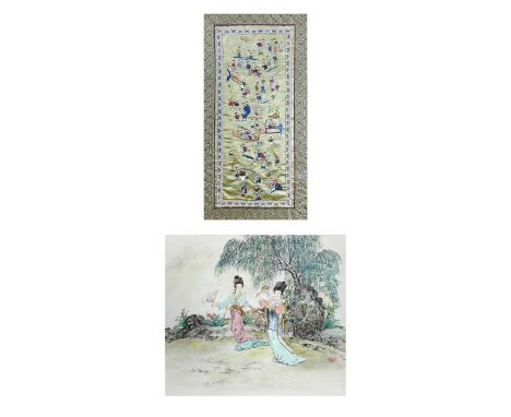 A Chinese silk embroidered picture, early-mid 20th century. 'One hundred boys', 63 x 33.5cm and a watercolour of Geisha girls