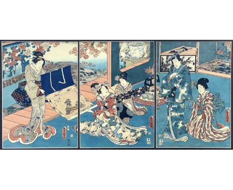 A Japanese triptych woodblock print, Kunisada Toyokuni III (1786-1864). Entitled 'Prince Genji and his family enjoying hangin