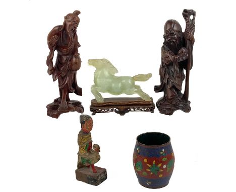 A Chinese model of a jade horse on stand, 20th century. Height 12cm, length 12cm, depth 4cm, three Chinese carved wood figure