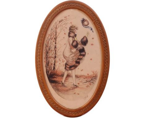A French Art Nouveau colour lithograph of a woman in windy landscape, indistinctly signed in pencil lower right, framed as an