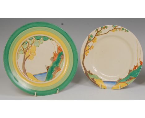 A 1930s Clarice Cliff Secrets Green pattern pottery plate, with printed backstamp verso, dia.23cm, together with another Clar