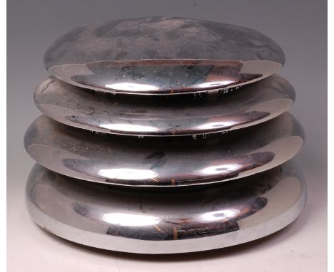 An Art Deco chrome room heater by HMV, of stepped demi-lune form, labelled to back 'H.M.V. Room Heater, Made at His Masters V