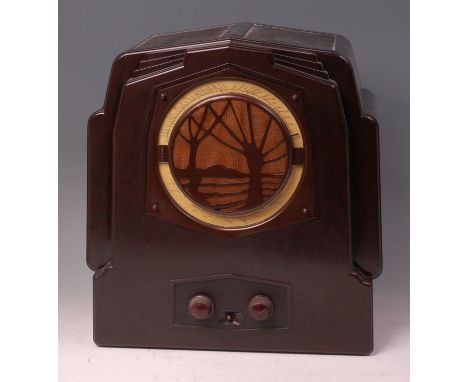 An Art Deco EK Cole Ltd 'Ekco' Bakelite type R.S.3. radio, of typical moulded and stepped Art Deco outline, labelled verso, h