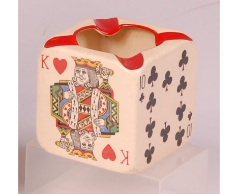 A 1930s Carltonware glazed ceramic ashtray in the form of a dice, each side transfer printed with playing card decoration, pr