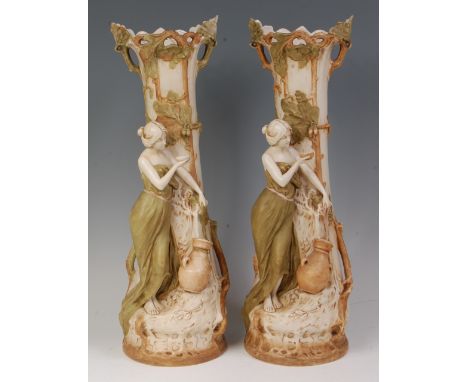 F. Otto for Royal Dux - A pair of large Art Nouveau figural vases, circa 1900, modelled in the form of two female figures bes