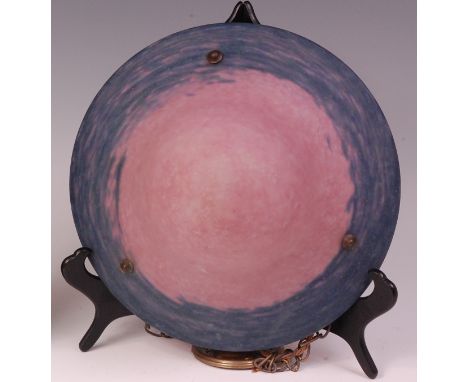 A 1960s Monart style mottled pink and blue glass hanging ceiling light, of domed form, with electrical fittings and suspended