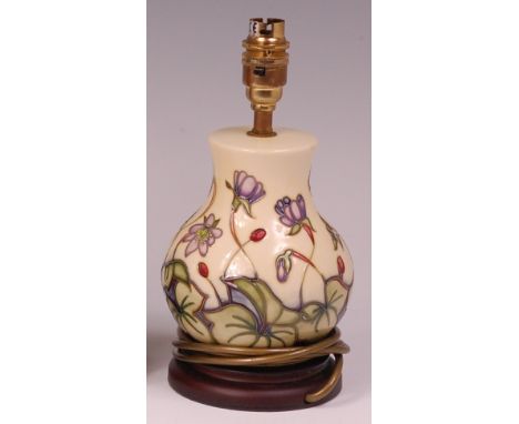 A modern Moorcroft Ashwood Hepatica pattern pottery lamp base, designed by Emma Bossons, of lower bulbous form and raised on 