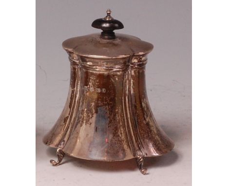 An Art Nouveau silver sugar caddy, of shaped tapering form, having hinged cover with ebony finial, on stepped hoof feet, make