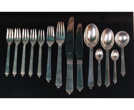 A Georg Jensen single place setting sterling silver cutlery suite, comprising; tablespoon, dessert spoon, soup spoon, teaspoo