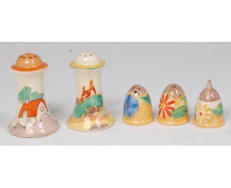 A 1930s Clarice Cliff Orange Roof Cottage pattern pottery pepper shaker, (with restorations to top edge and also to underside
