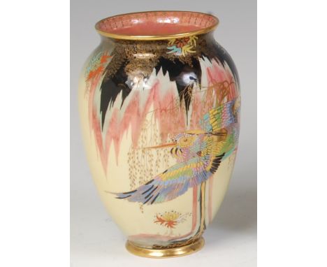 A 1950s Carltonware Exotic Bird pattern ceramic vase, of ovoid tapering form, the body heightened in enamel and gilt, printed