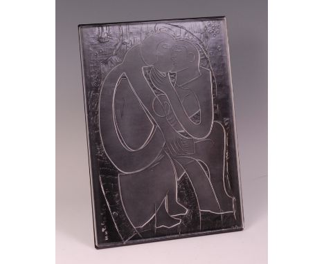 A 1980s Rosenthal Studioline heavy clear moulded glass panel 'The Couple' by H A P Grieshaber (1909-1981), having raised and 
