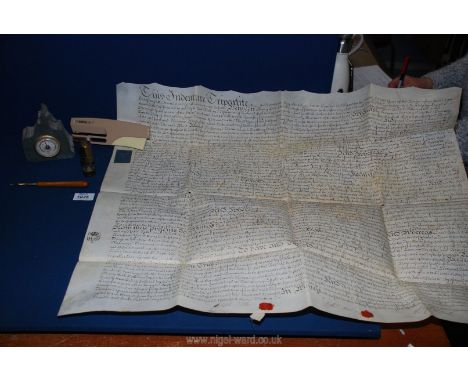 A small quantity of miscellanea including a slate barometer, large letter on vellum, single hole puncher, miniature miner's l