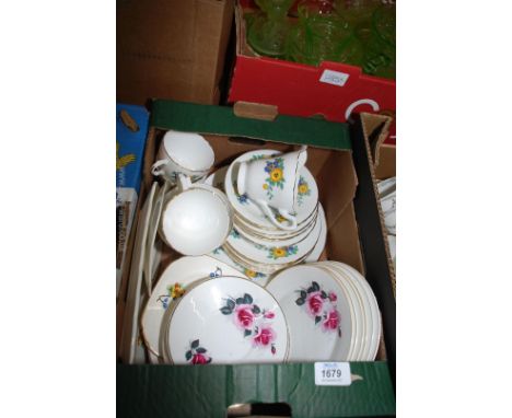 A quantity of china to include a bone china teaset with blue and yellow flowers:  four cups, six saucers, six plates, cake/sa