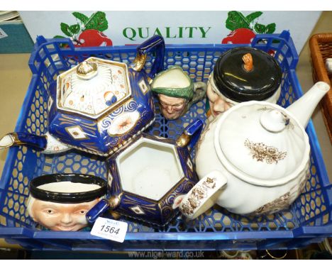 A Brittania pottery sucrier and teapot, Royal Doulton 'Auld Mac' Toby jug D5824, biscuit barrel, etc.