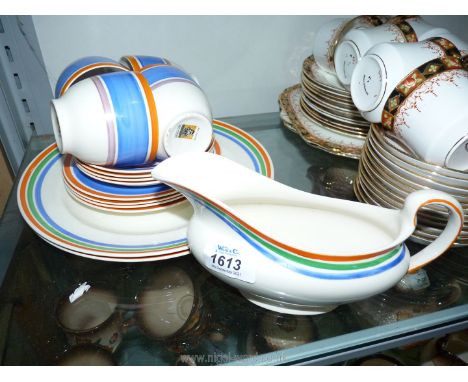 A Grays Art Deco hand painted blue &amp; orange banded part tea and dinner set to include; 4 cups, 4 saucers, 4 tea plates, 2