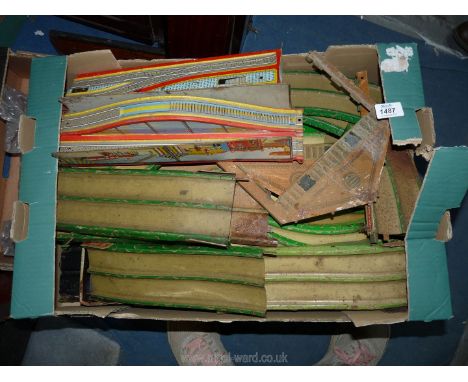 A good quantity of two-lane tin plate racing Car Track with Essolube/Wakefield Castle advertising bridges, a quantity of tin 