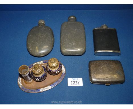 Three old Hip Flasks, Cloisonne enamel  cruet on small tray and EPNS cigarette case.