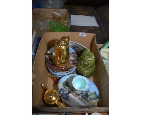 A quantity of Bradex display plates including steam trains, barges etc, Royal Worcester gold lustre coffee and hot water pots