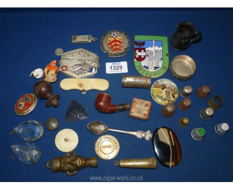 A small quantity of miscellanea including thimbles, small key ring, harmonica, Kodak portrait attachment, metal badges etc.