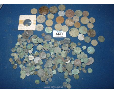 A collector's bag of assorted old bronze coins, some ancient.