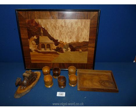 A marquetry seascape, camel inkwell, etc.