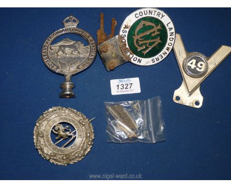 Four old items:car badges, brooch and mascot including Country Landowners, Firth Perthshire plaid brooch, The Royal East Afri