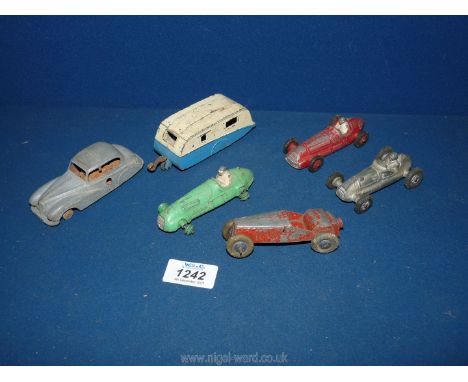 A quantity of play worn racing cars including Dinky Alfa-Romeo, H.W.&lt;, a Crescent Toy Co. Cooper -Bristol, a two seater 19