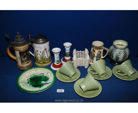 A small quantity of china including Woods 'Astra' cups and saucers, Doulton tankard, Holsten collectors Stein plus one other,