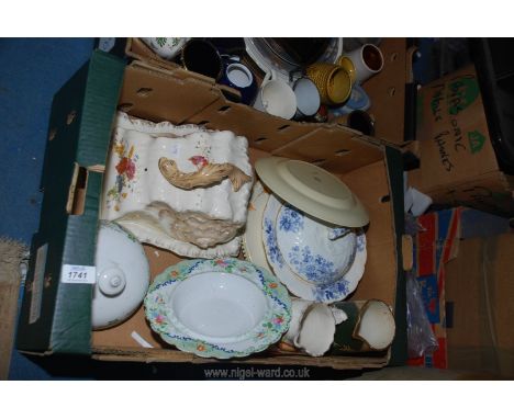 A quantity of china including large cheese dish, two muffin dishes, jugs, Grindley plates, etc.