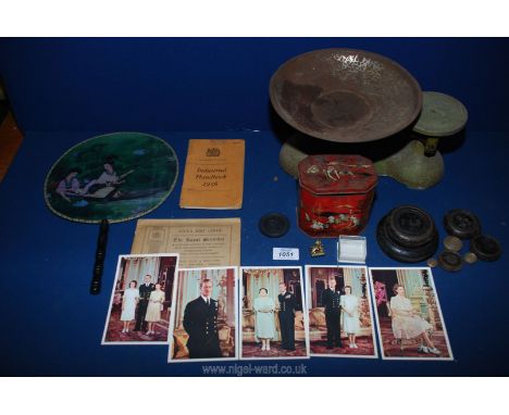 A 1950's Japanese silk fan, Hilltop 1950's kitchen weighing scales complete with weights, set of six Royal Betrothal postcard