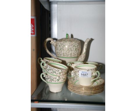 A vintage Thomas Forester &amp; Sons (T.F.S. Ltd.), Golden Jade tea/coffee set including tea/coffee pot, six saucers, six cup