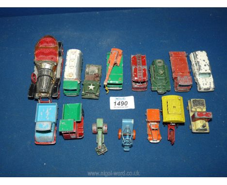 A quantity of small Matchbox type toys including 'Unimog' eight wheeled crane, Mercedes Benz Ambulance,Muir Dumper, Saracen P