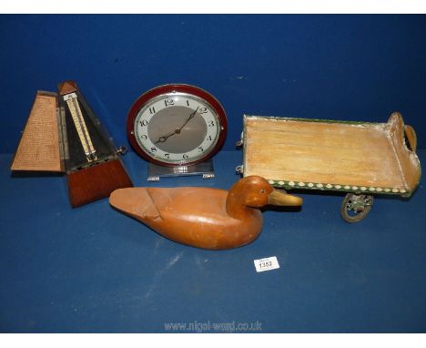 A French Metronome, eight day Mantle Clock, wooden duck, etc. (some a/f)